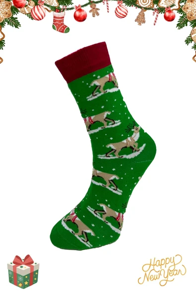 Yılbaşı Temalı Yeşil Geyik Desenli Yılbaşı Çorabı – Unisex 36-42 - Resim 3