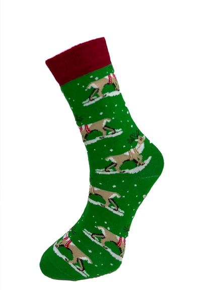 Yılbaşı Temalı Yeşil Geyik Desenli Yılbaşı Çorabı – Unisex 36-42 - Resim 2