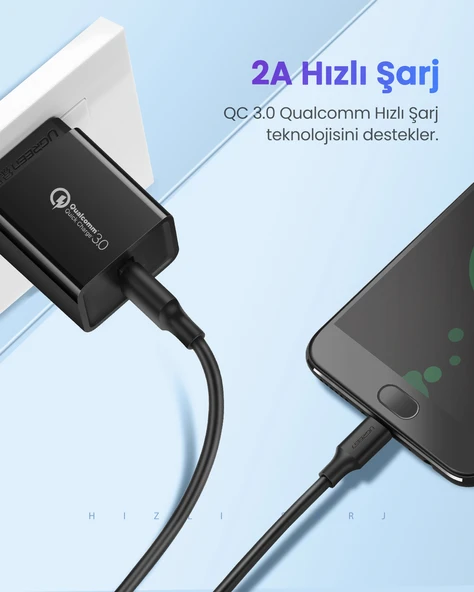 UGREEN USB-A - Micro USB Kablo, Nikel Kaplama, Siyah, 1.5 Metre, 60137 - Resim 2