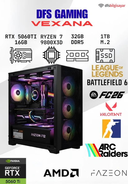 DFS GAMING VEXANA RYZEN 7 9800X3D-B650M-RTX 5060 TI 16GB-32GB DDR5 RAM-1TB M.2 SSD-MASAÜSTÜ OYUNCU BİLGİSAYARI ürün görseli 1