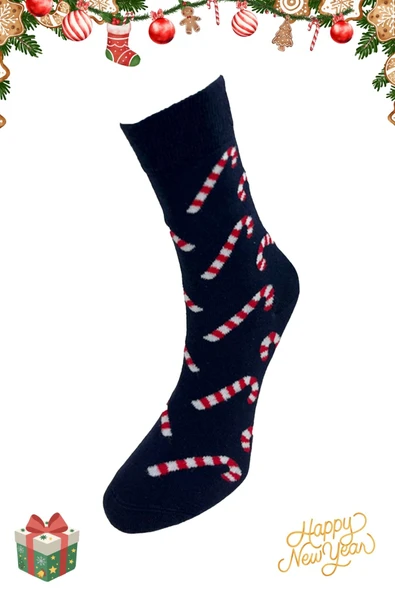 Yılbaşı Temalı Siyah Şeker Kamışı Desenli Yılbaşı Çorabı – Unisex 36-42 ürün görseli 1