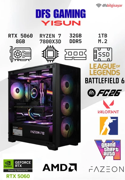 DFS GAMING YISUN RYZEN 7 7800X3D-B650M-RTX 5060-32GB DDR5 RAM-1TB M.2 SSD-MASAÜSTÜ OYUNCU BİLGİSAYARI ürün görseli 1