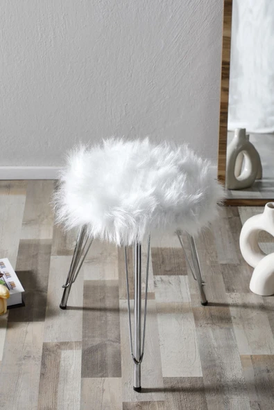 Zuesse Dizayn Sude Puf Yumuşak Oturumlu Gümüş Ayak Ayaklı Koltuk Sandalye Dekoratif Bench - Beyaz ürün görseli 1