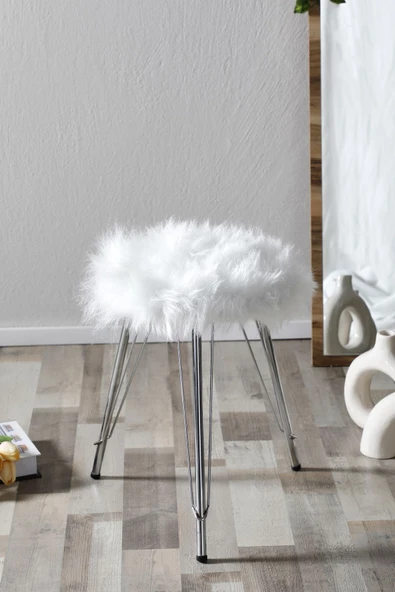 Zuesse Dizayn Sude Puf Yumuşak Oturumlu Gümüş Ayak Ayaklı Koltuk Sandalye Dekoratif Bench - Beyaz - Resim 2