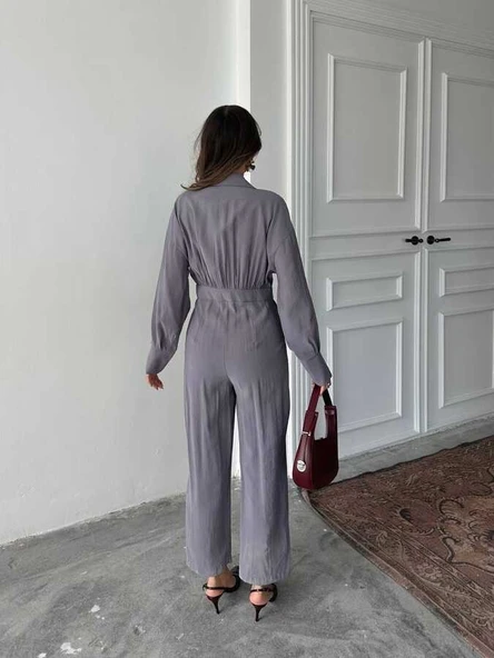 Uzun Kollu, Yakalı Dar Paçalı Kullanışlı Tulum - Resim 2