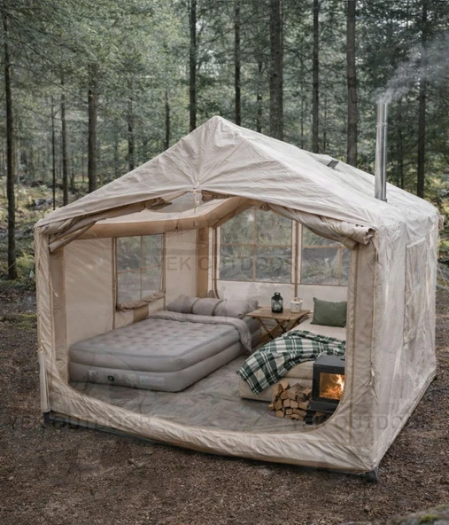 Yek Outdoor 210D Oxford 6-8 Kişilik 4 Mevsim Soba Çıkışlı Şişme Kamp Çadırı – Pompalı, 300x250x220 cm - Resim 2