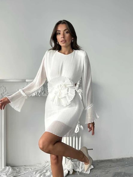 Uzun Kollu, Yuvarlak Yakalı Pileli Mini Elbise - Resim 4