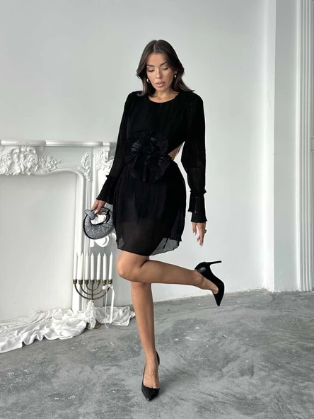 Uzun Kollu, Yuvarlak Yakalı Pileli Mini Elbise - Resim 10