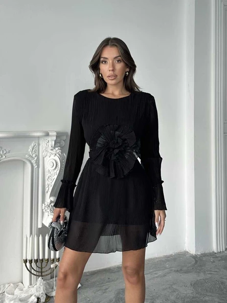 Uzun Kollu, Yuvarlak Yakalı Pileli Mini Elbise - Resim 8