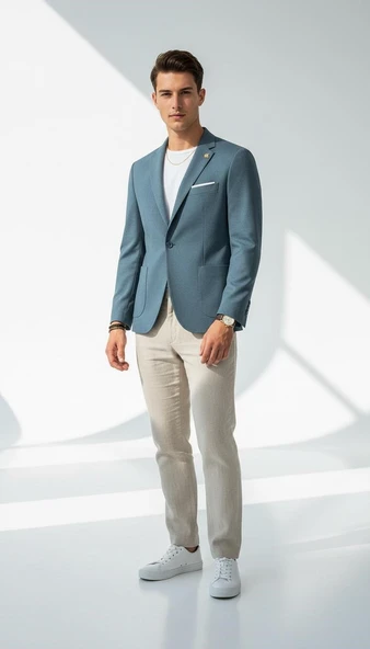 Erkek Slim Fit Blazer Ceket Tek Düğmeli Çift Yırtmaçlı Torba Cepli Yarım Astarlı ürün görseli 1