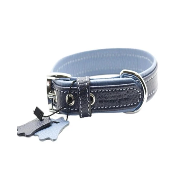 Zampa Yumuşak Dokulu Gerçek Deri Flatiron Köpek Boyun Tasması Lacivert Turkuaz 4x72 Cm ürün görseli 1