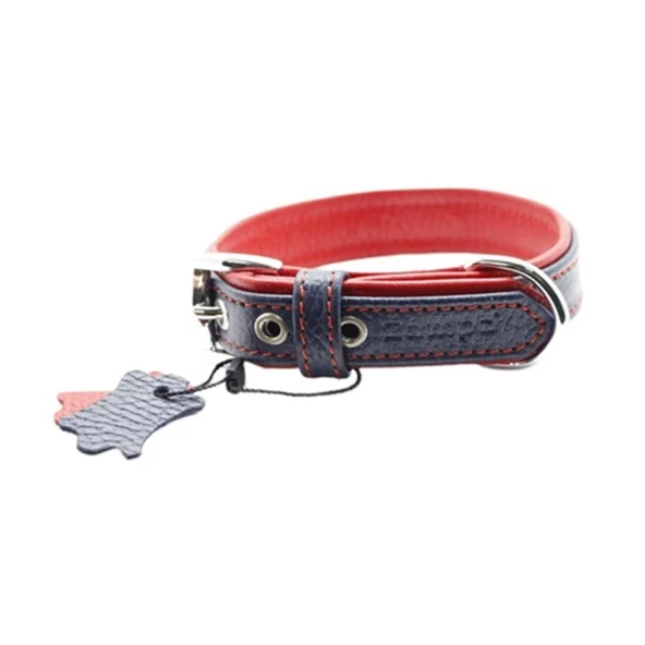 Zampa Yumuşak Dokulu Gerçek Deri Flatiron Köpek Boyun Tasması Lacivert Kırmızı 3x54 Cm ürün görseli 1