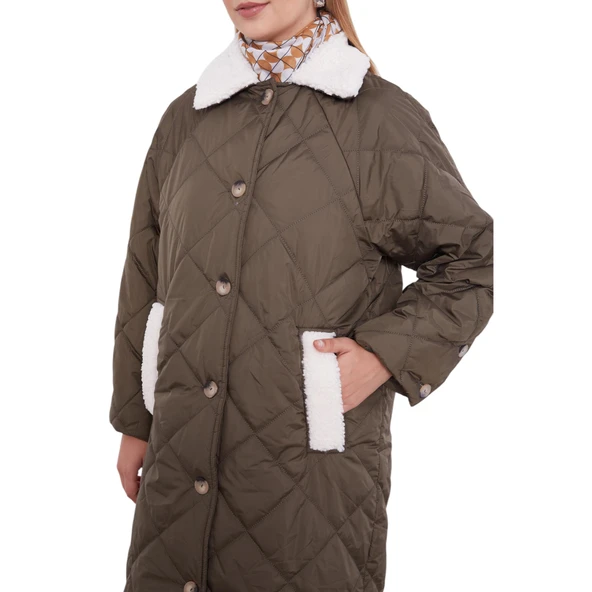 Kadın Kürk Detaylı Kapitone Mont - Resim 8