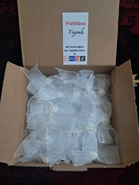 Pratikbox Orta boy Fiyonk 2cm Tül/ Beyaz Gül yarım inci /50 adet - Resim 4