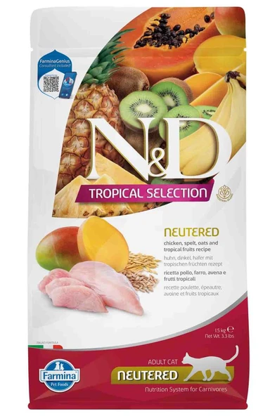 N&D Tropical Selection Tavuklu ve Tropikal Meyveli Kısırlaştırılmış Kedi Maması 1,5 Kg ürün görseli 1