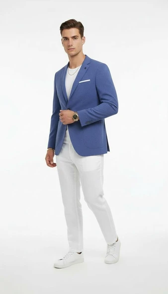 Erkek Slim Fit Blazer Ceket Tek Düğmeli Çift Yırtmaçlı Torba Cepli Yarım Astarlı - Resim 4