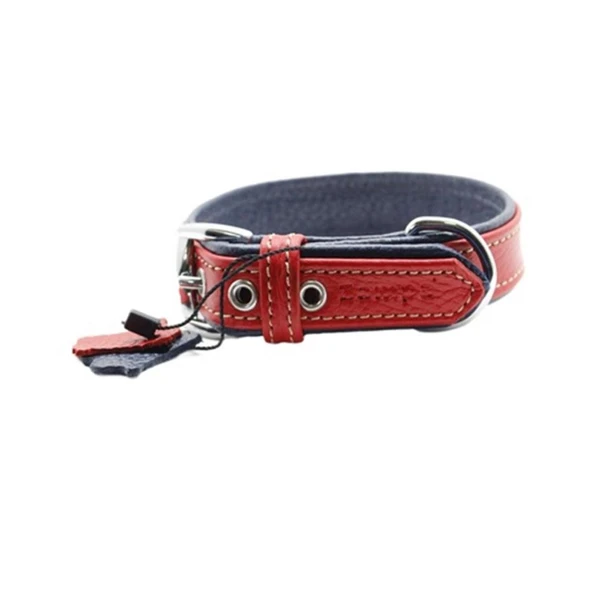 Zampa Yumuşak Dokulu Gerçek Deri Flatiron Köpek Boyun Tasması Kırmızı Lacivert 3x54 Cm ürün görseli 1