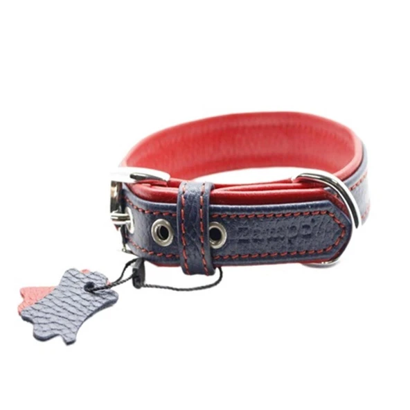 Zampa Yumuşak Dokulu Gerçek Deri Flatiron Köpek Boyun Tasması Lacivert Kırmızı 4x72 Cm ürün görseli 1