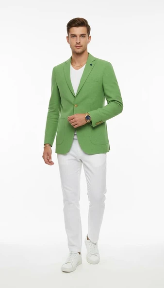 Erkek Slim Fit Blazer Ceket Tek Düğmeli Çift Yırtmaçlı Torba Cepli Yarım Astarlı - Resim 11