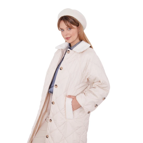 Kadın Kürk Detaylı Kapitone Mont - Resim 12