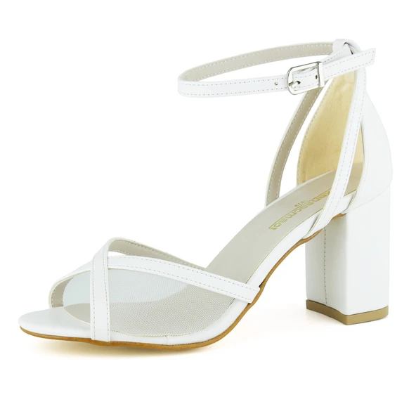 Erkan Saçmacı Charlotte Beyaz Vegan Çapraz Bantlı Fileli Kalın Topuklu Gelin Ayakkabısı ürün görseli 1