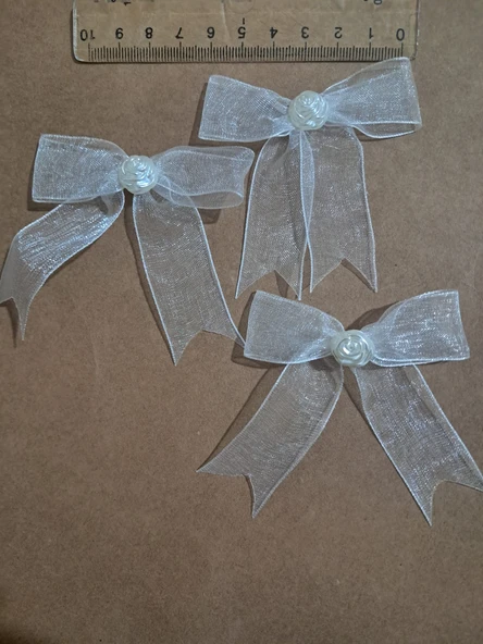 Pratikbox Orta boy Fiyonk 2cm Tül/ Beyaz Gül yarım inci /50 adet - Resim 3