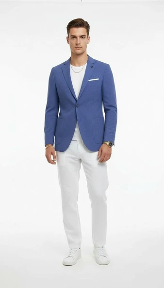 Erkek Slim Fit Blazer Ceket Tek Düğmeli Çift Yırtmaçlı Torba Cepli Yarım Astarlı - Resim 5