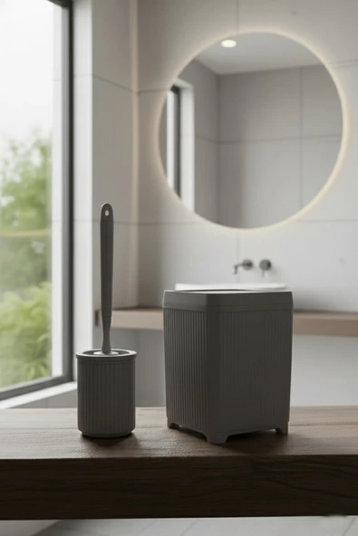 Lines Serisi Gri Banyo Seti, 2 Parça Akrilik 5 Litre Çöp Kovası 3078 - Resim 4