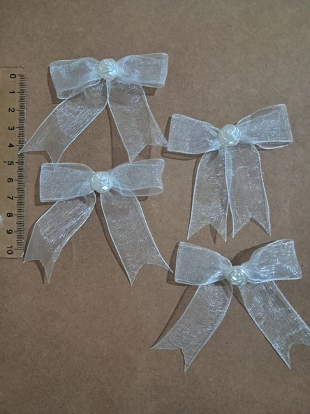 Pratikbox Orta boy Fiyonk 2cm Tül/ Beyaz Gül yarım inci /50 adet - Resim 2