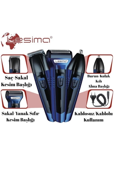 Lesima New Ultra Ls1000-3 Başlıklı Saç Sakal Yanak Burun Ense Tıraş Makinesi Traş Bakım Seti - Resim 6