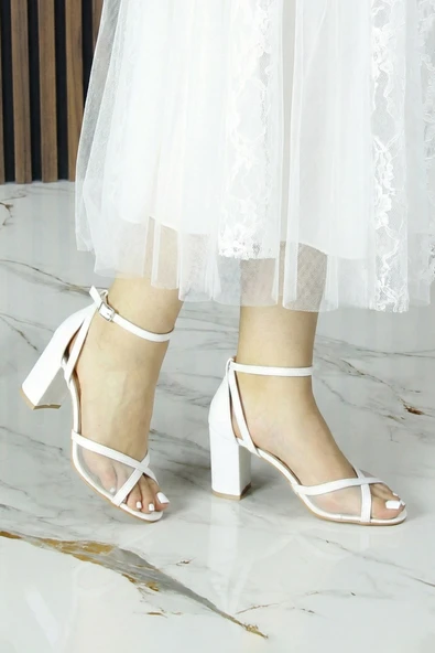 Erkan Saçmacı Charlotte Beyaz Vegan Çapraz Bantlı Fileli Kalın Topuklu Gelin Ayakkabısı - Resim 6