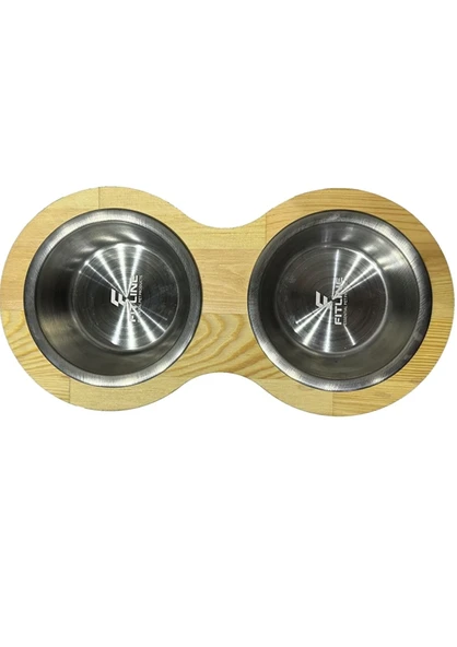 Fitline Doğal Ahşap Çelik Kaseli Kaydırmaz Tık Kahve Kedi Köpek Mama Kabı 18X36X5,4 Cm ürün görseli 1