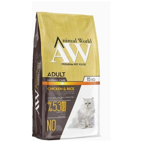 Animal World Adult Hairball Tavuk Etli ve Pirinçli Yetişkin Kedi Maması 15 Kg ürün görseli 1