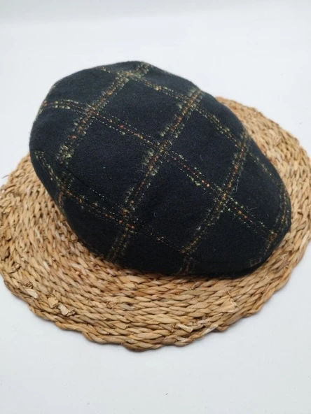 Kare Çizgi Desenli Erkek Klasik Kasket Siyah Renk - Resim 2