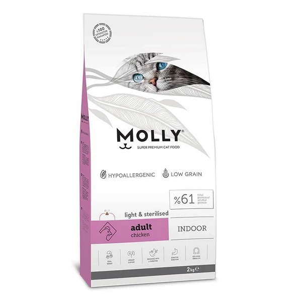 Molly İndoor Düşük Tahıllı Tavuklu Light Kısır Kedi Maması 2 Kg ürün görseli 1