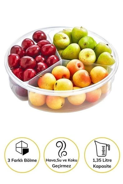 AMS NET® 3 Bölmeli Sızdırmaz Contalı Kilitli Kapaklı 1,35 Litre yuvarlak Erzak Saklama Kabı LC-500 - Resim 9