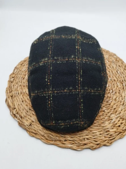 Kare Çizgi Desenli Erkek Klasik Kasket Siyah Renk ürün görseli 1