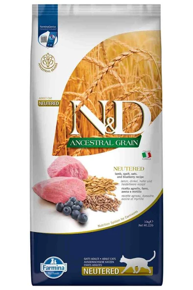 N&D Ancestral Grain Düşük Tahıllı Kuzu Eti ve Yaban Mersinli Kısırlaştırılmış Kedi Maması 10 Kg ürün görseli 1