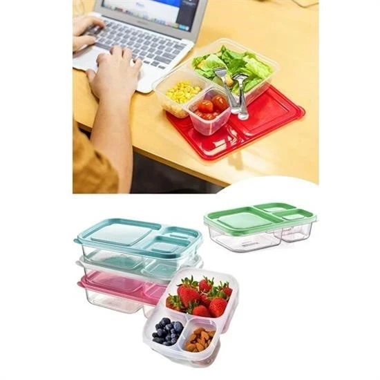 AMS NET® 3 Bölmeli Sefer Tası Pratik Kolay Gıda Diyet Saklama Erzak Kabı - Resim 9