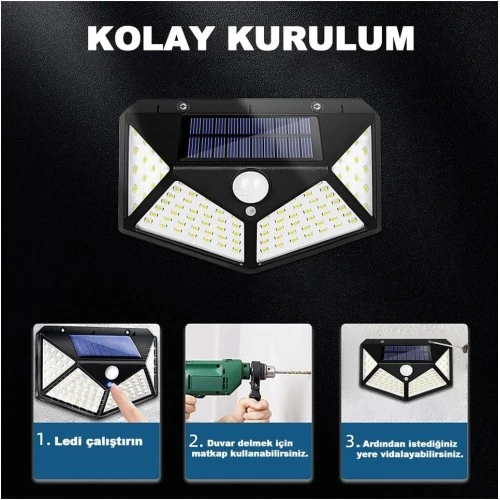 100 Led Dış Mekan Solar Aydınlatma Fotoselli Solar Lamba - Resim 3