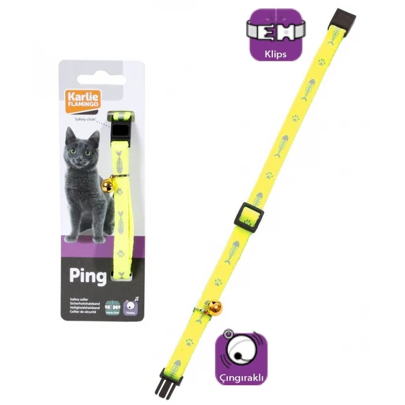 Karlıe Kedi Boyun Tasması Çıngıraklı Balık Desenli Sarı 30 Cm ürün görseli 1
