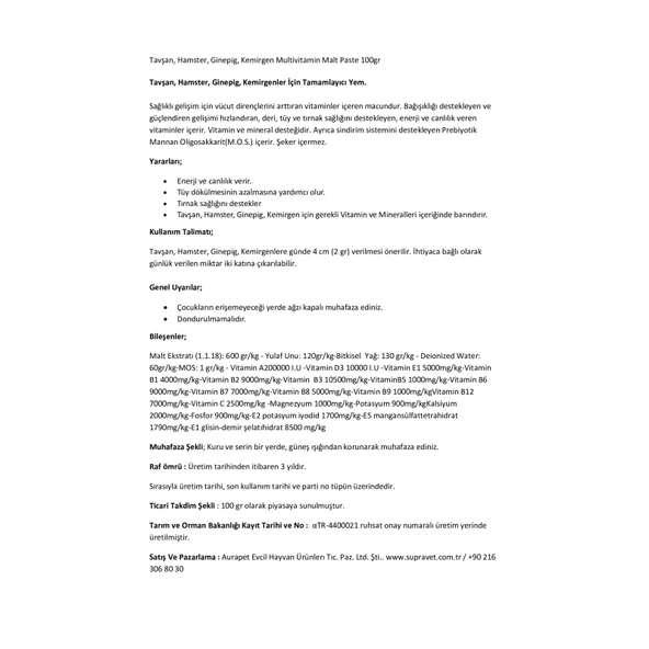 Supravet Tavşan Hamster Ginepig Kemirgen Multivitamin Malt Paste 100 Gr - Resim 2