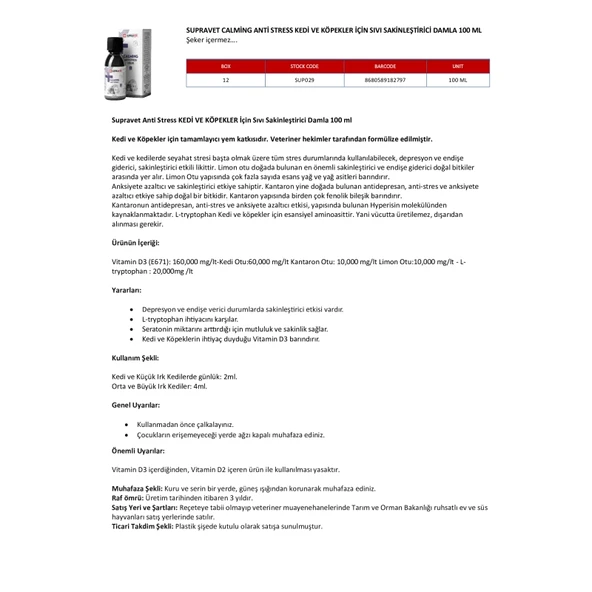 Supravet Calming Anti Stress Kedi ve Köpekler İçin Sıvı Sakinleştirici Damla 100 ml - Resim 2