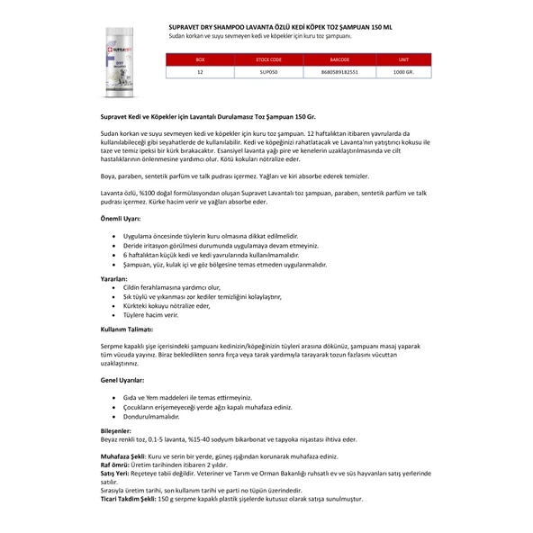 Supravet Dry Shampoo Lavanta Özlü Kedi Köpek Toz Şampuan 150 ml - Resim 3
