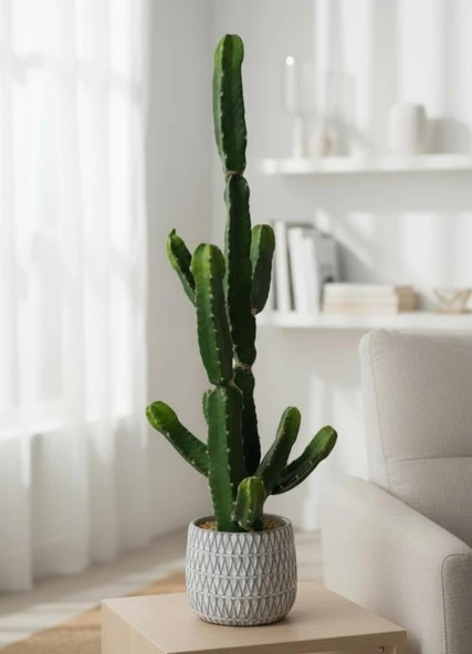 Yapay Kaktüs Euphorbia İngens Şamdan Ağacı Beton Saksıda Yapay Bitki 70cm ürün görseli 1