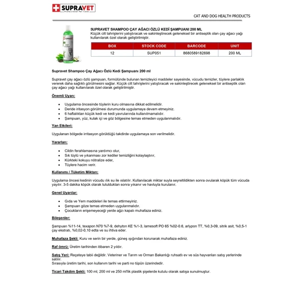 Supravet Shampoo Çay Ağacı Özlü Kedi Şampuanı 200 ml - Resim 2