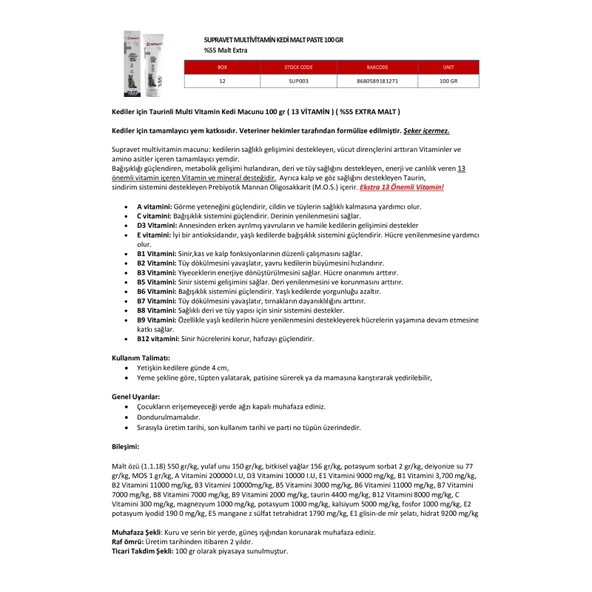 Supravet Kediler için Taurinli Multi Vitamin Kedi Macunu 100 Gr - Resim 2