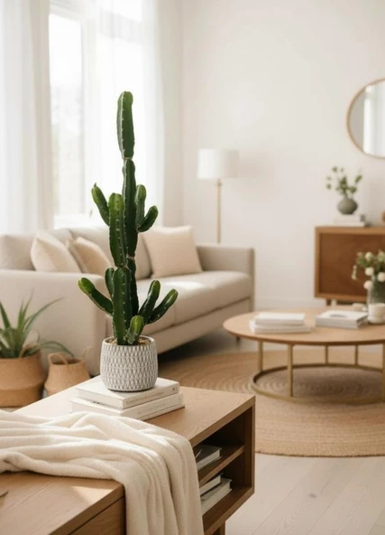 Yapay Kaktüs Euphorbia İngens Şamdan Ağacı Beton Saksıda Yapay Bitki 70cm - Resim 6