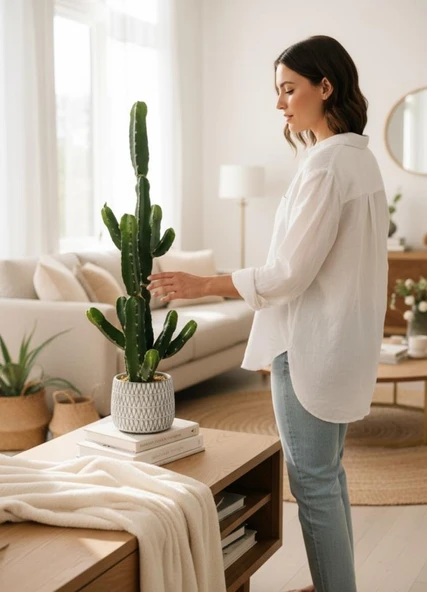 Yapay Kaktüs Euphorbia İngens Şamdan Ağacı Beton Saksıda Yapay Bitki 70cm - Resim 5