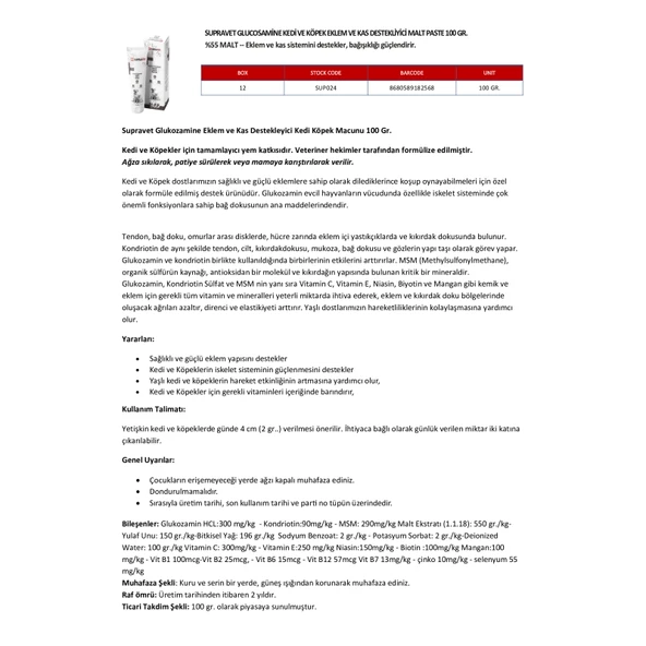Supravet Glucosamine Kedi ve Köpek Eklem Ve Kas Destekliyici Malt Paste 100 Gr - Resim 2